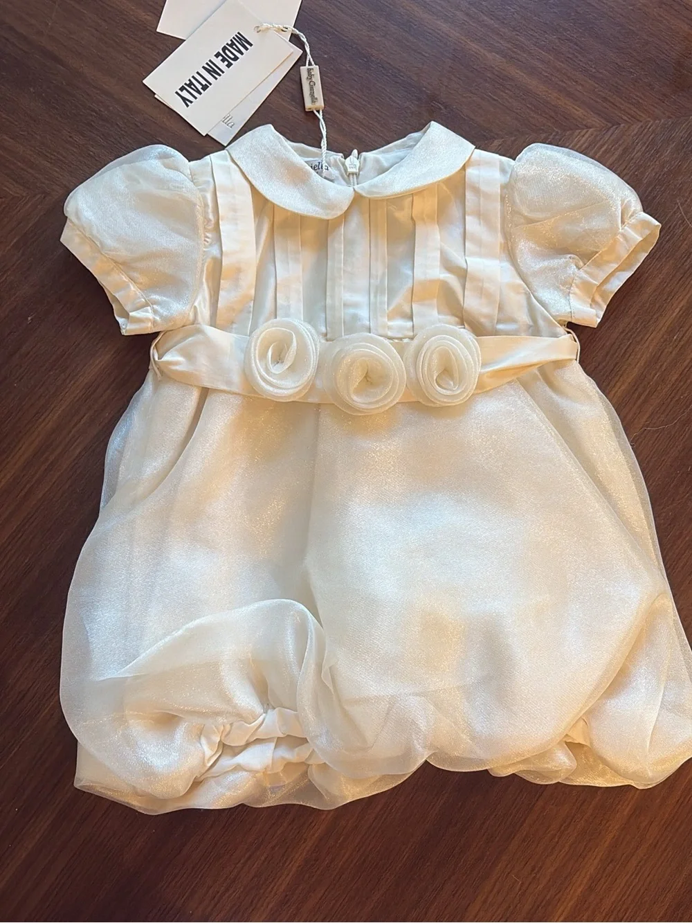 Ivory Baby Bubble Dress with Rosette Waist (Made in Italy)